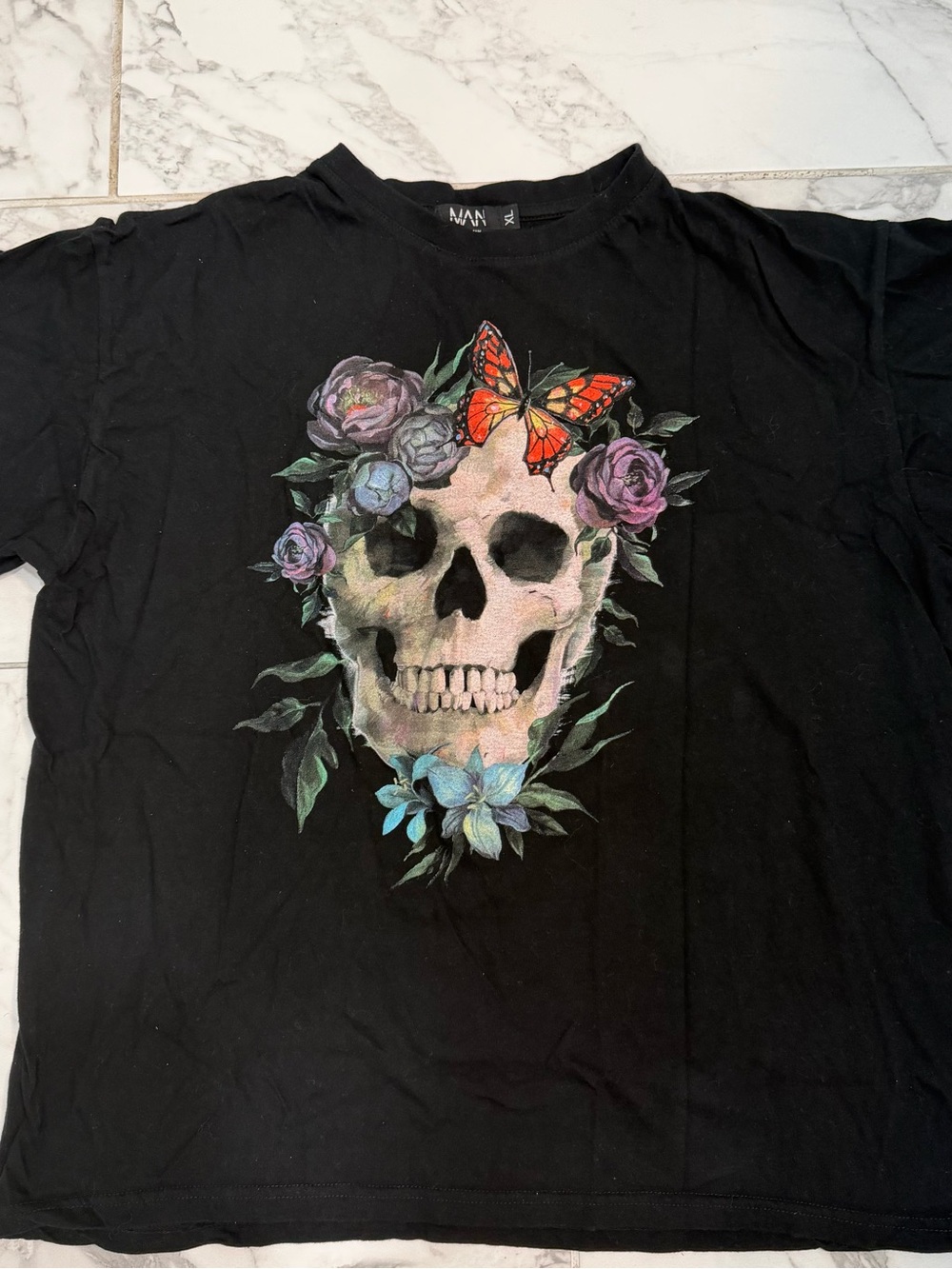 Boohoo Black Skull & Floral Graphic Tee with Orange Butterfly